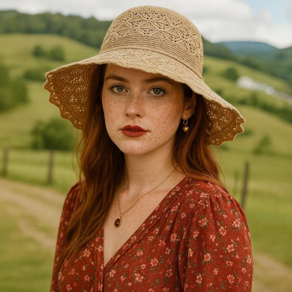 🆕️Boho Chic Summer Style Handwoven Wide Brim Bucket Hat Crochet Flower Detail